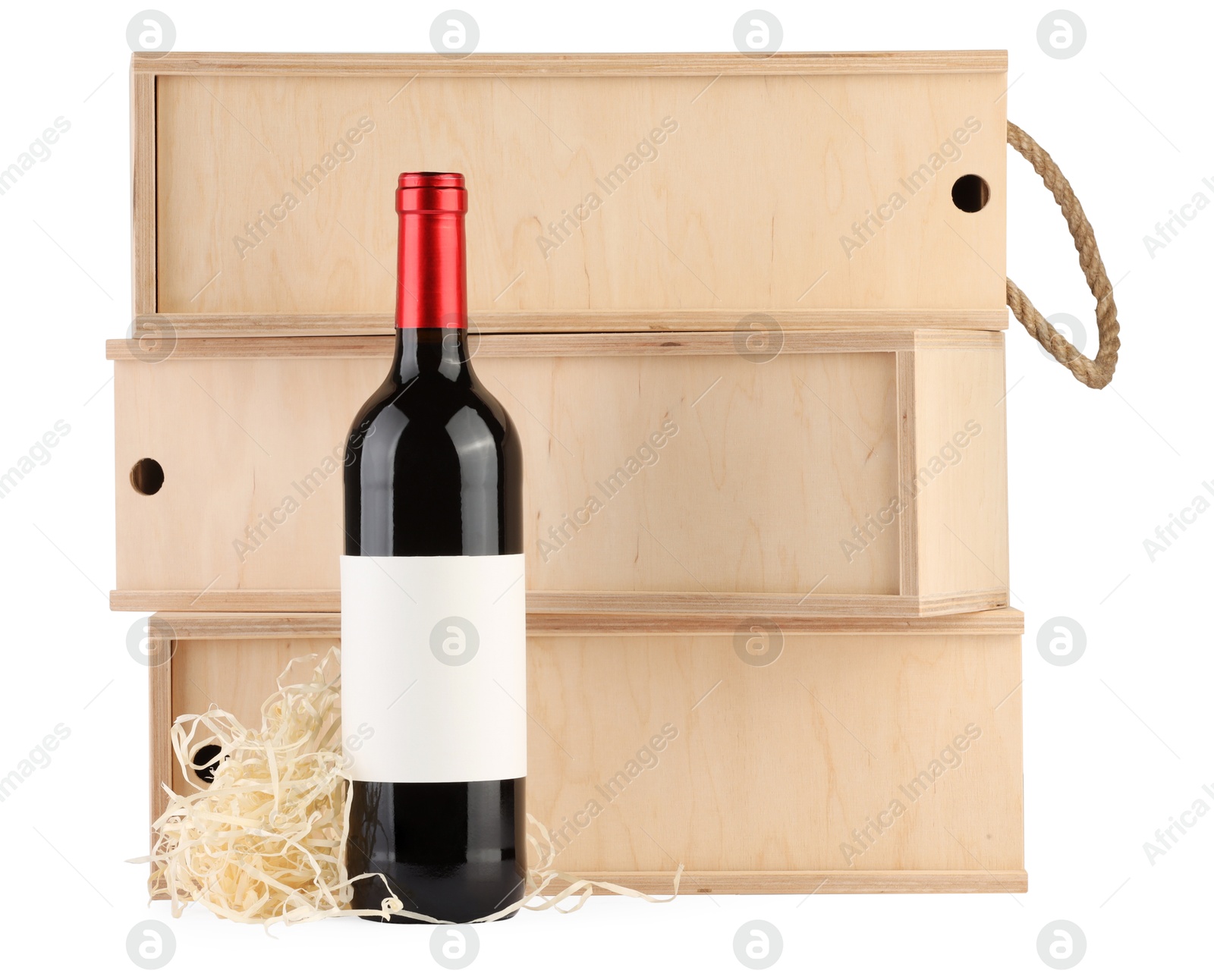 Photo of Wooden gift boxes with wine isolated on white