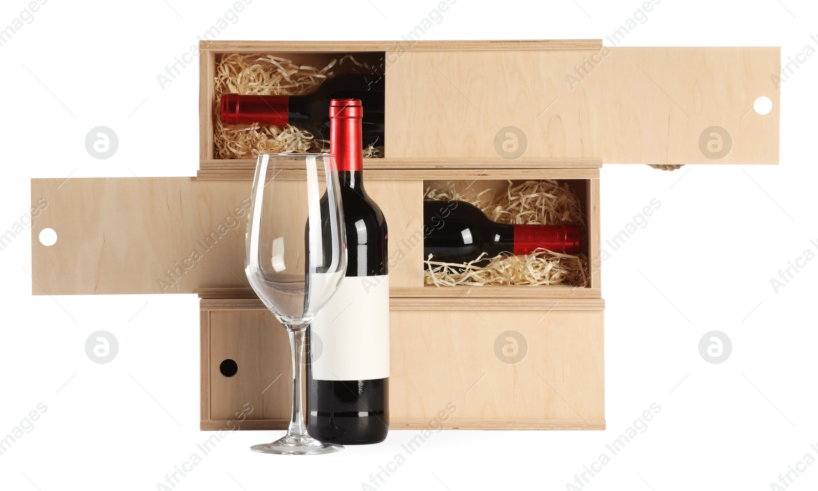 Photo of Wooden gift boxes with wine and glass isolated on white