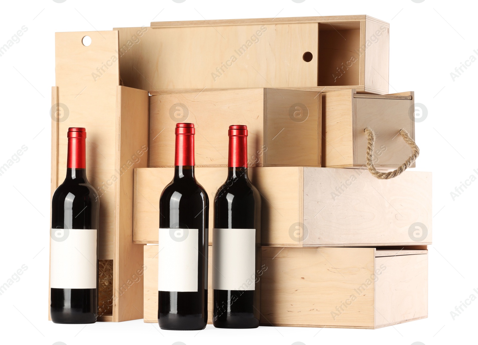 Photo of Wooden gift boxes with wine isolated on white
