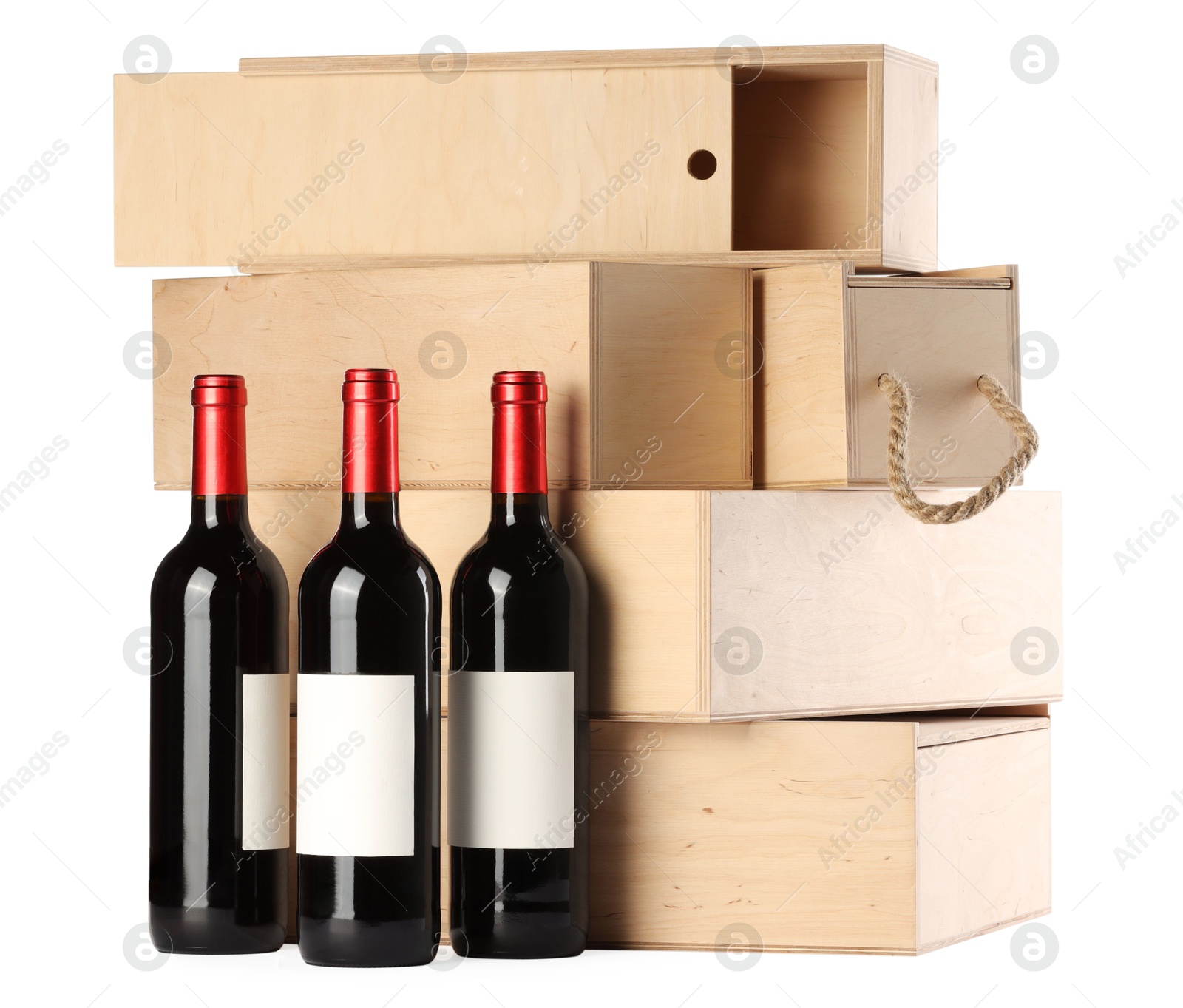 Photo of Wooden gift boxes with wine isolated on white