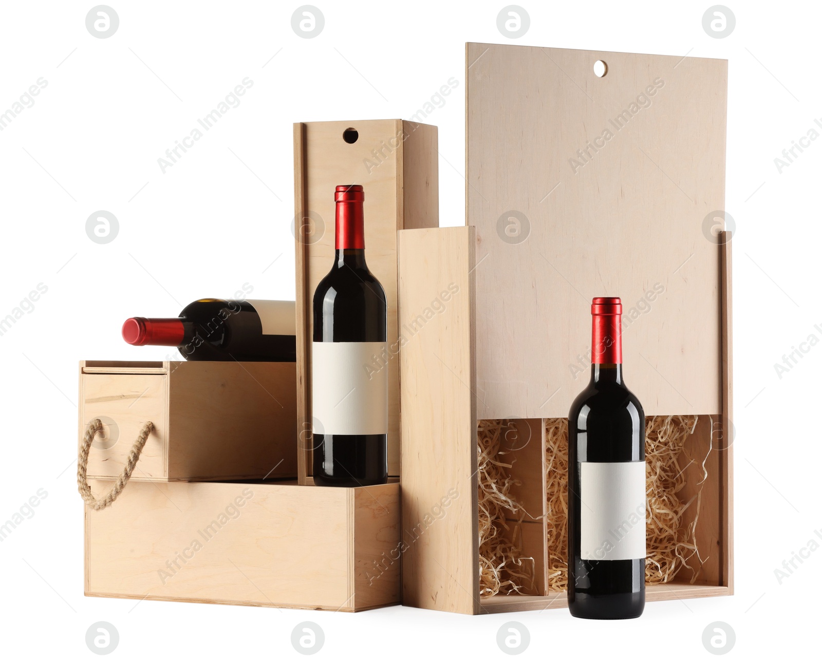 Photo of Wooden gift boxes with wine isolated on white