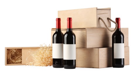 Wooden gift boxes with wine isolated on white