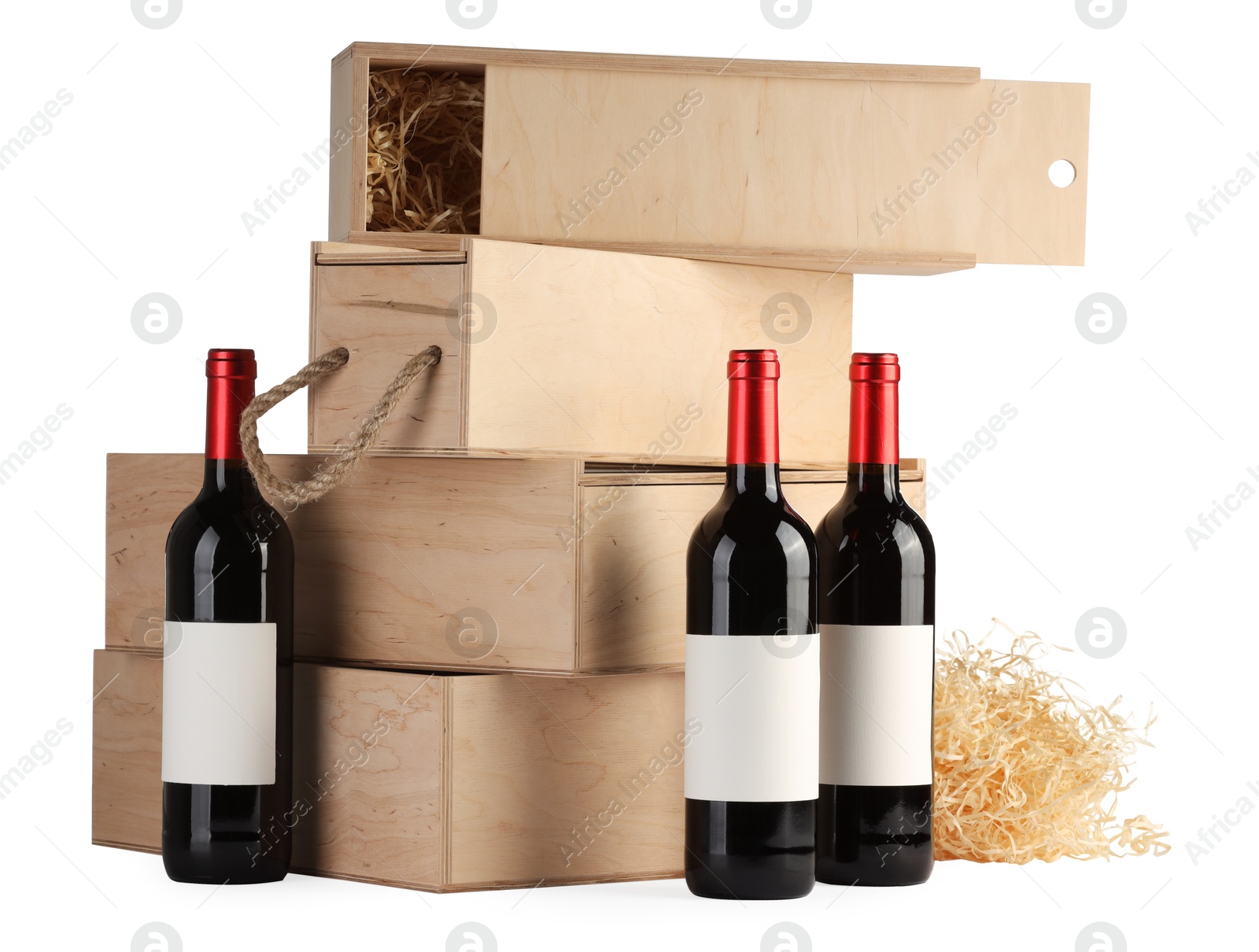 Photo of Wooden gift boxes with wine isolated on white