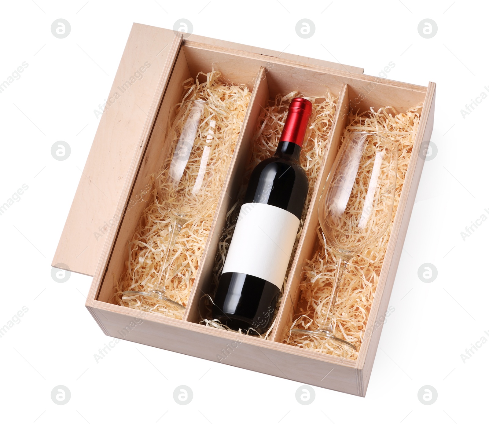 Photo of Wooden gift box with bottle of wine and glasses isolated on white