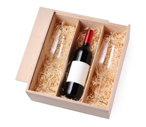 Wooden gift box with bottle of wine and glasses isolated on white