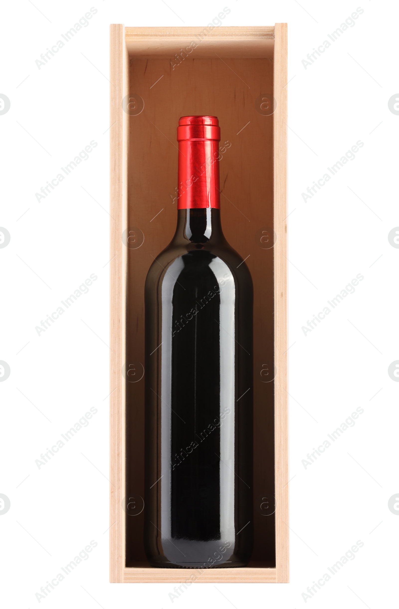 Photo of Wooden gift box with wine bottle isolated on white