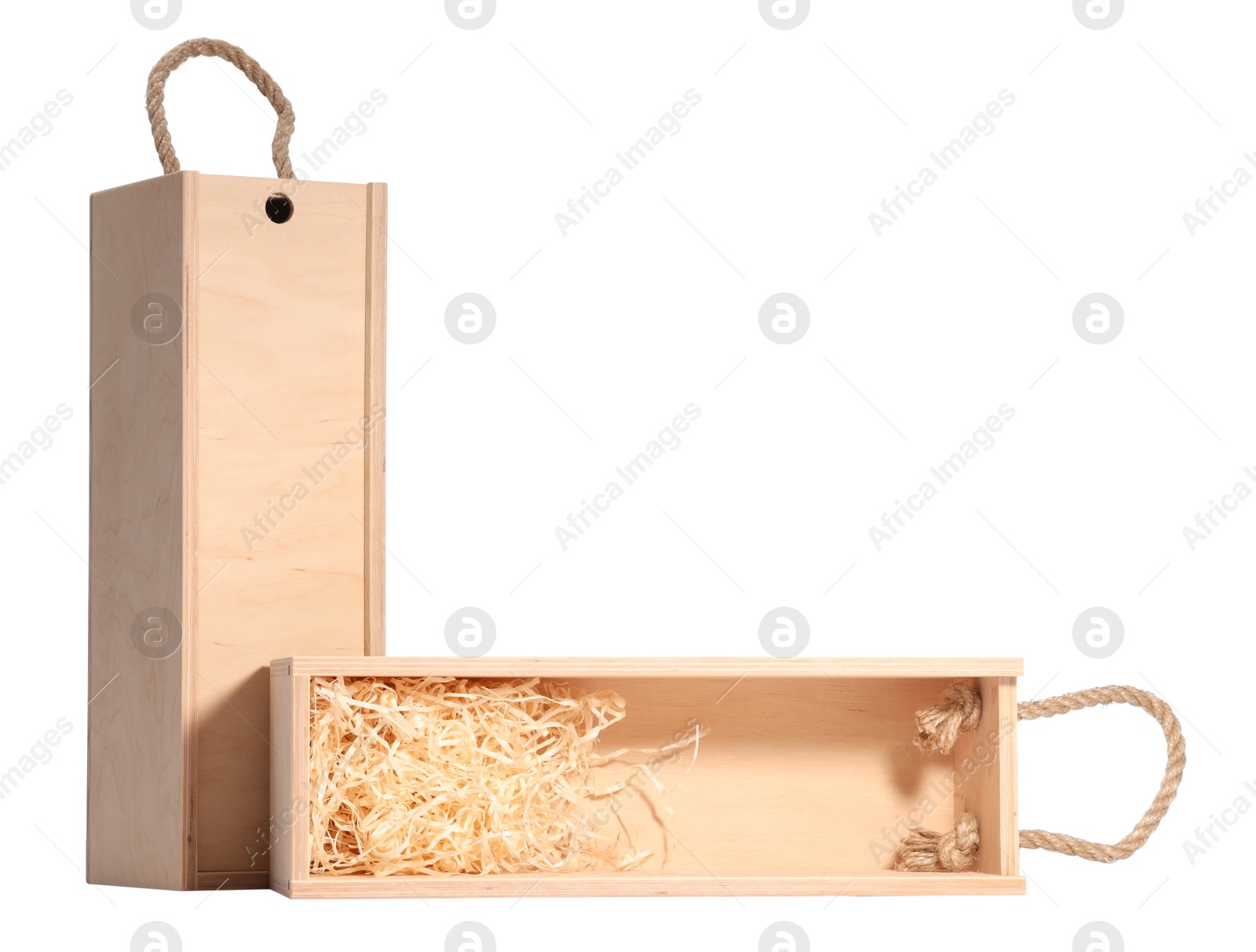 Photo of Wooden gift boxes for wine isolated on white