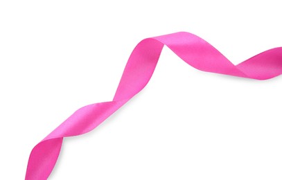 Photo of One beautiful bright pink ribbon isolated on white, top view