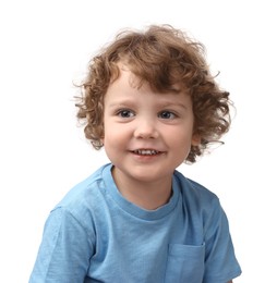 Portrait of cute little boy on white background