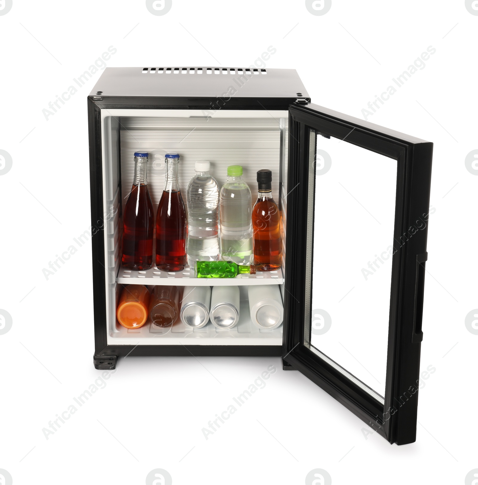 Photo of Mini refrigerator with drinks isolated on white