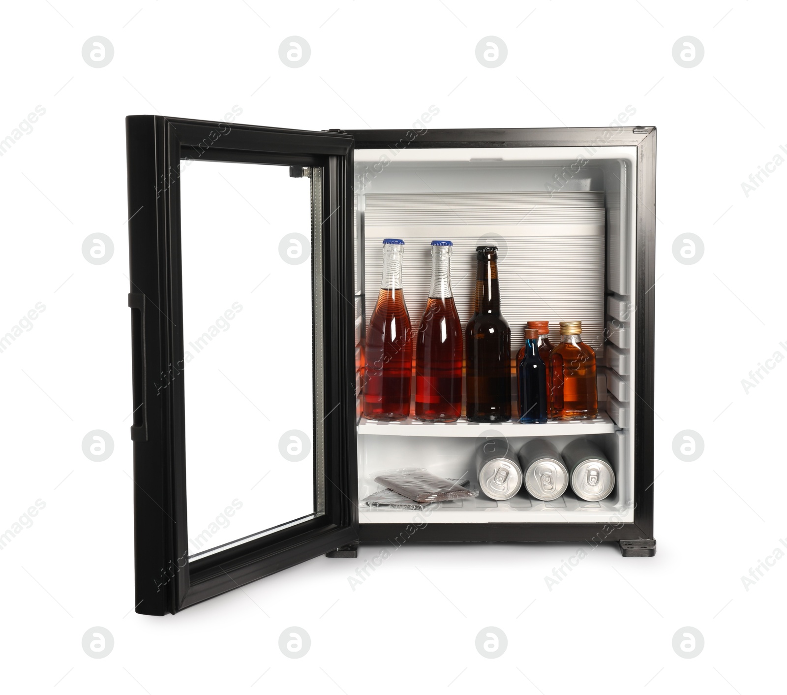 Photo of Mini refrigerator with drinks and snacks isolated on white