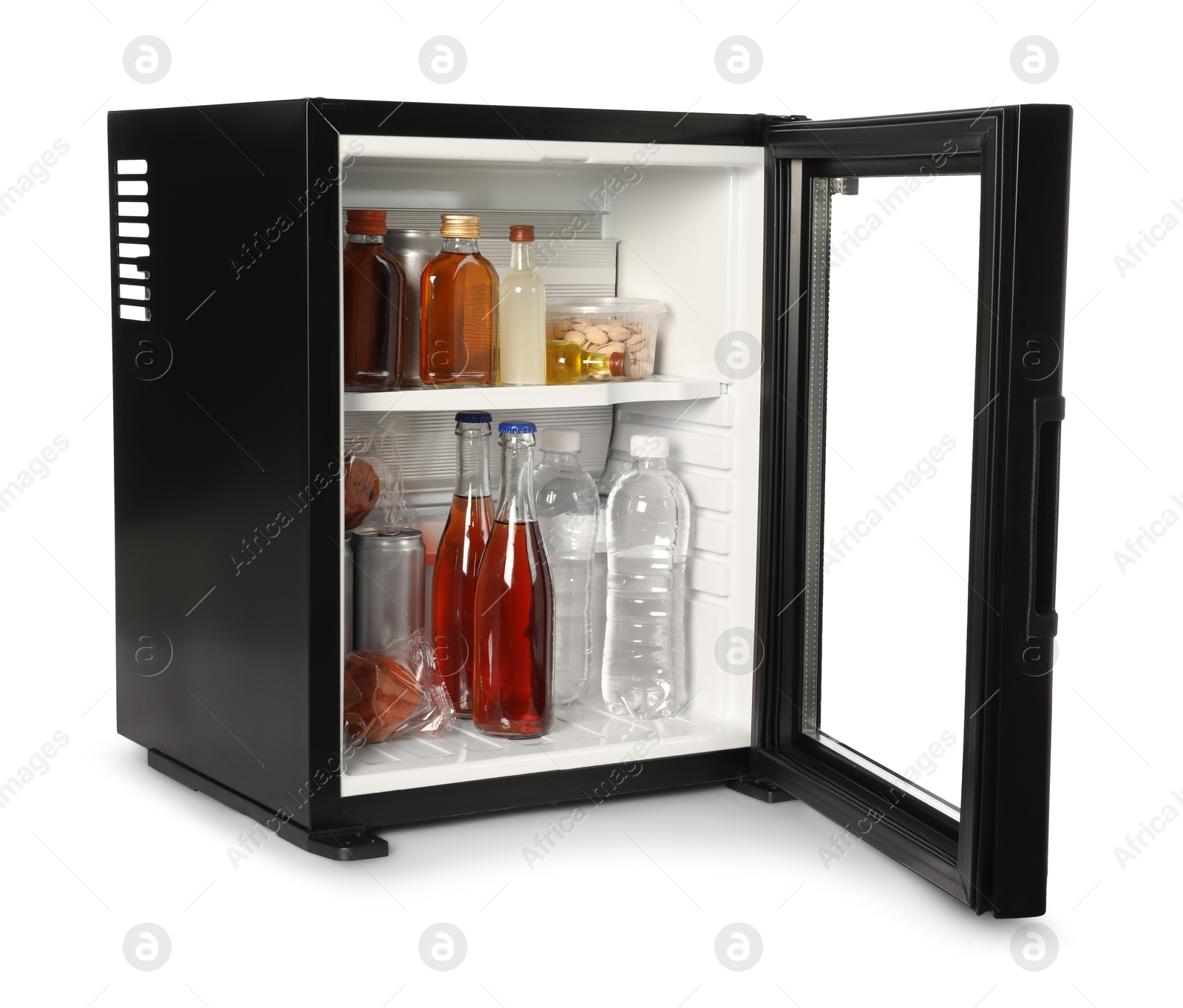 Photo of Mini refrigerator with drinks and snacks isolated on white