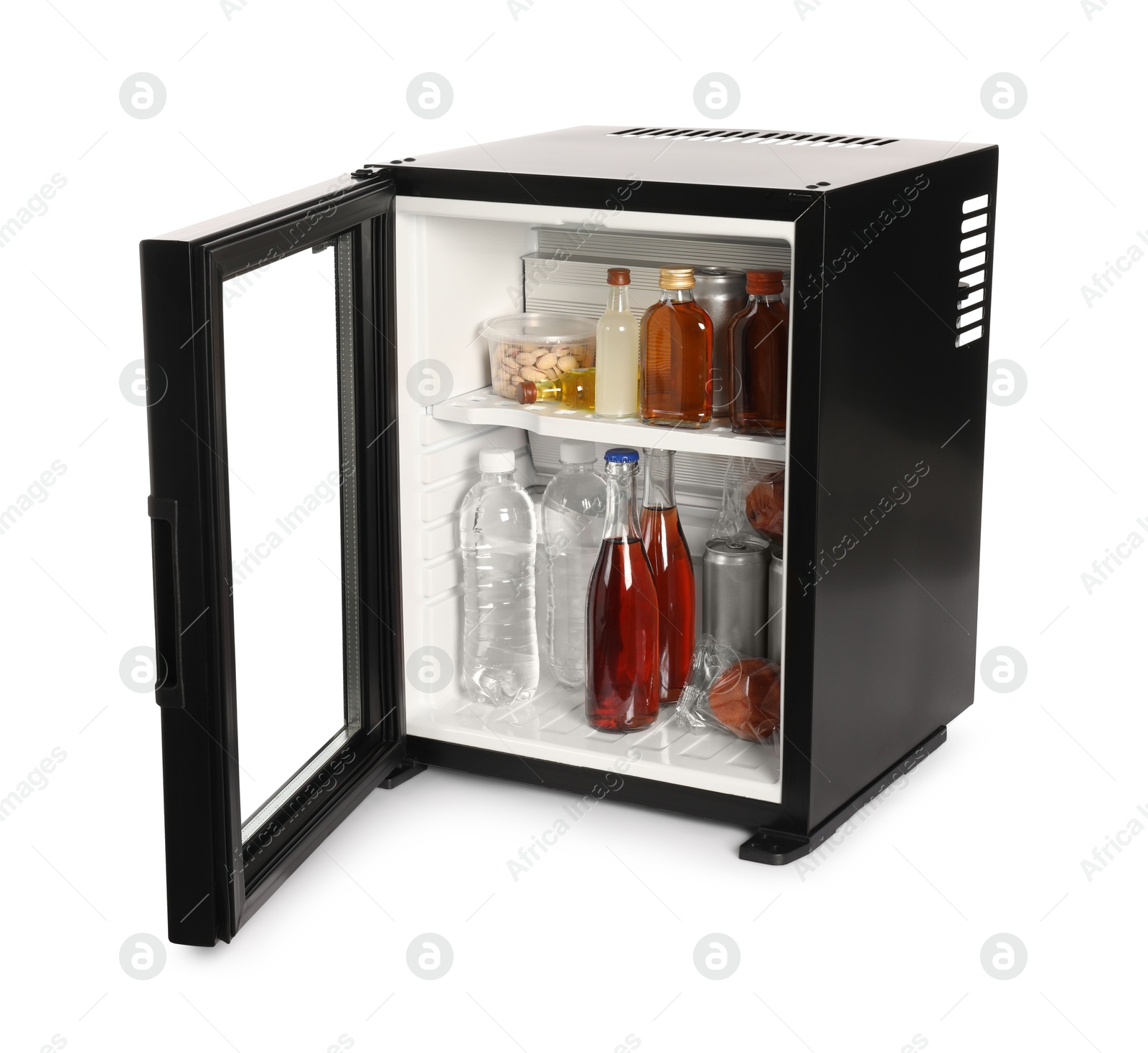 Photo of Mini refrigerator with drinks and snacks isolated on white