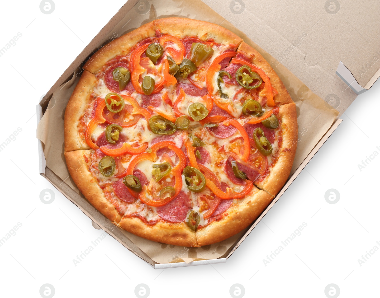 Photo of Delicious pizza Diablo in cardboard box isolated on white, top view