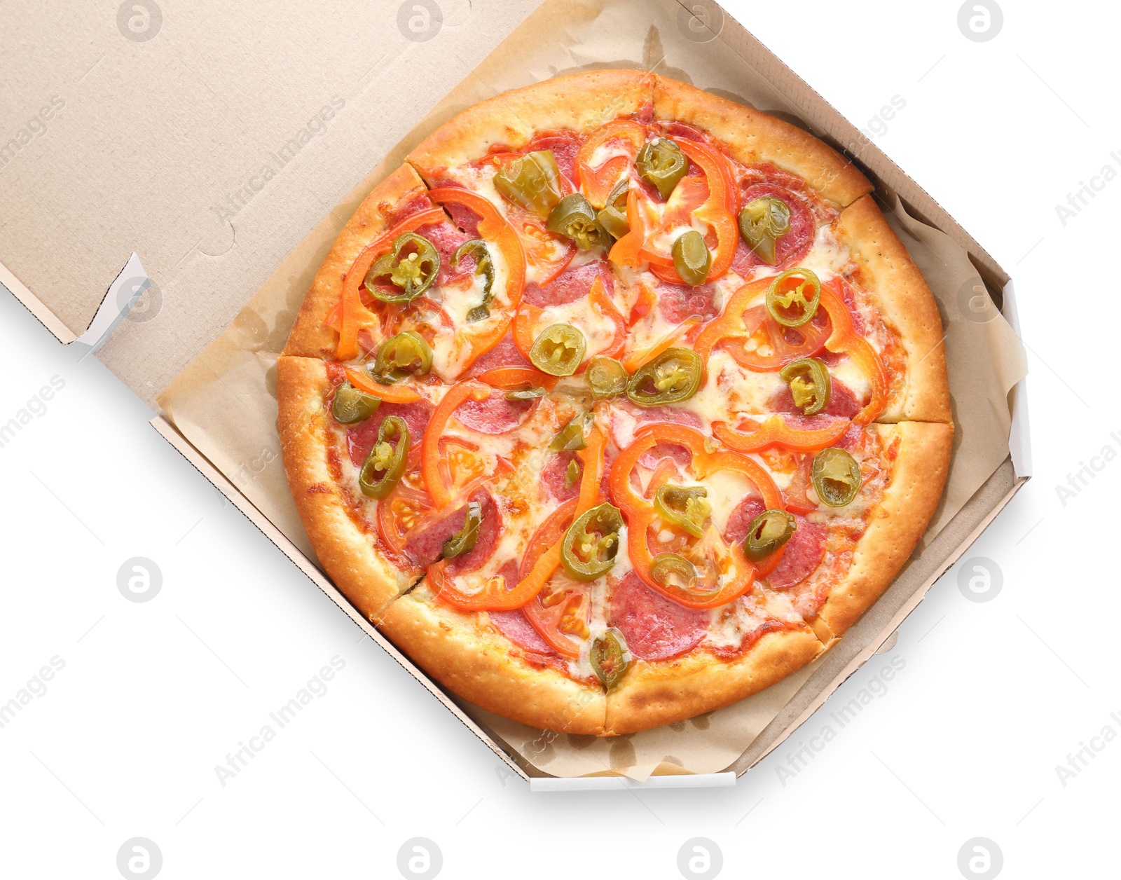 Photo of Delicious pizza Diablo in cardboard box isolated on white, top view