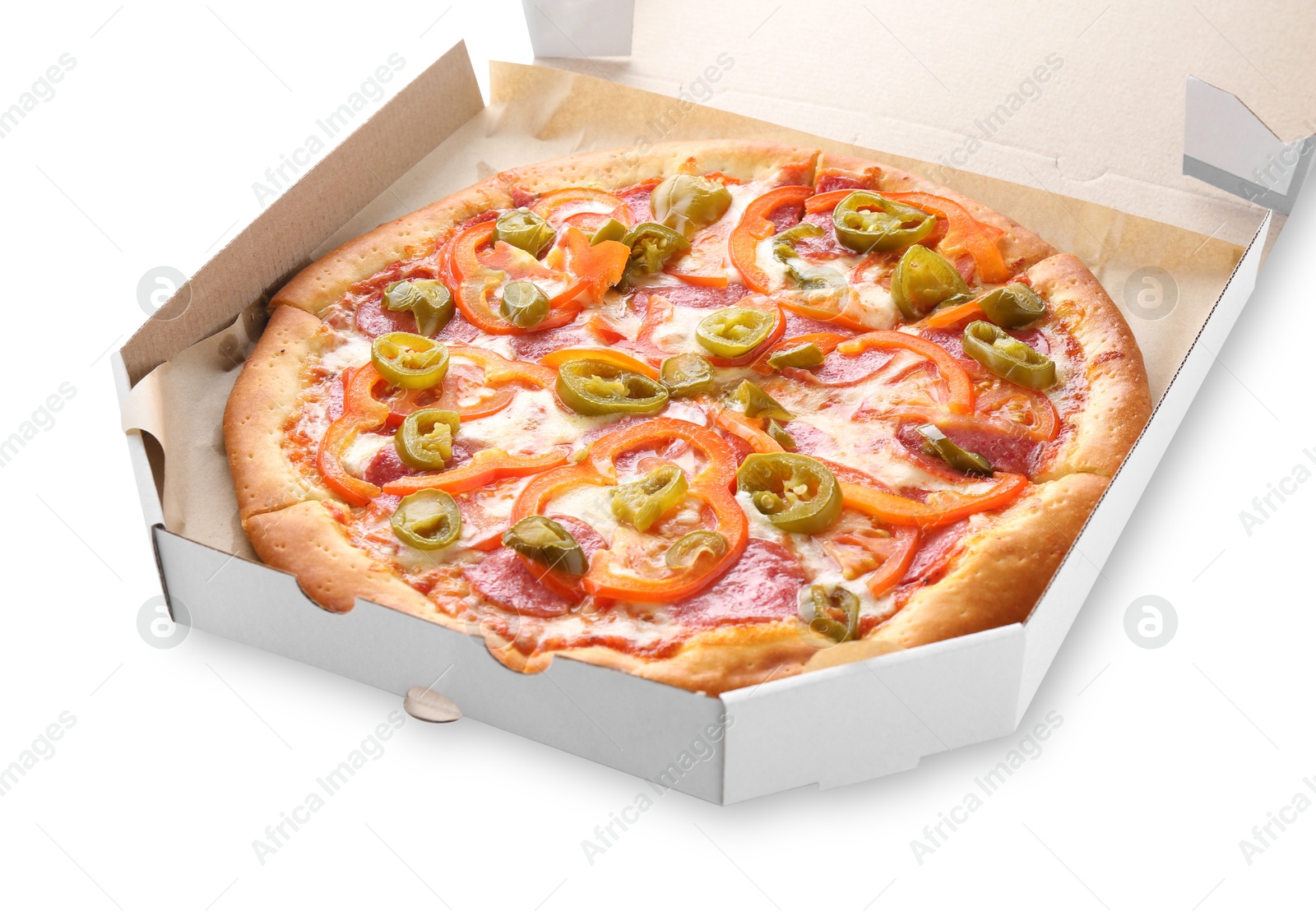 Photo of Delicious pizza Diablo in cardboard box isolated on white