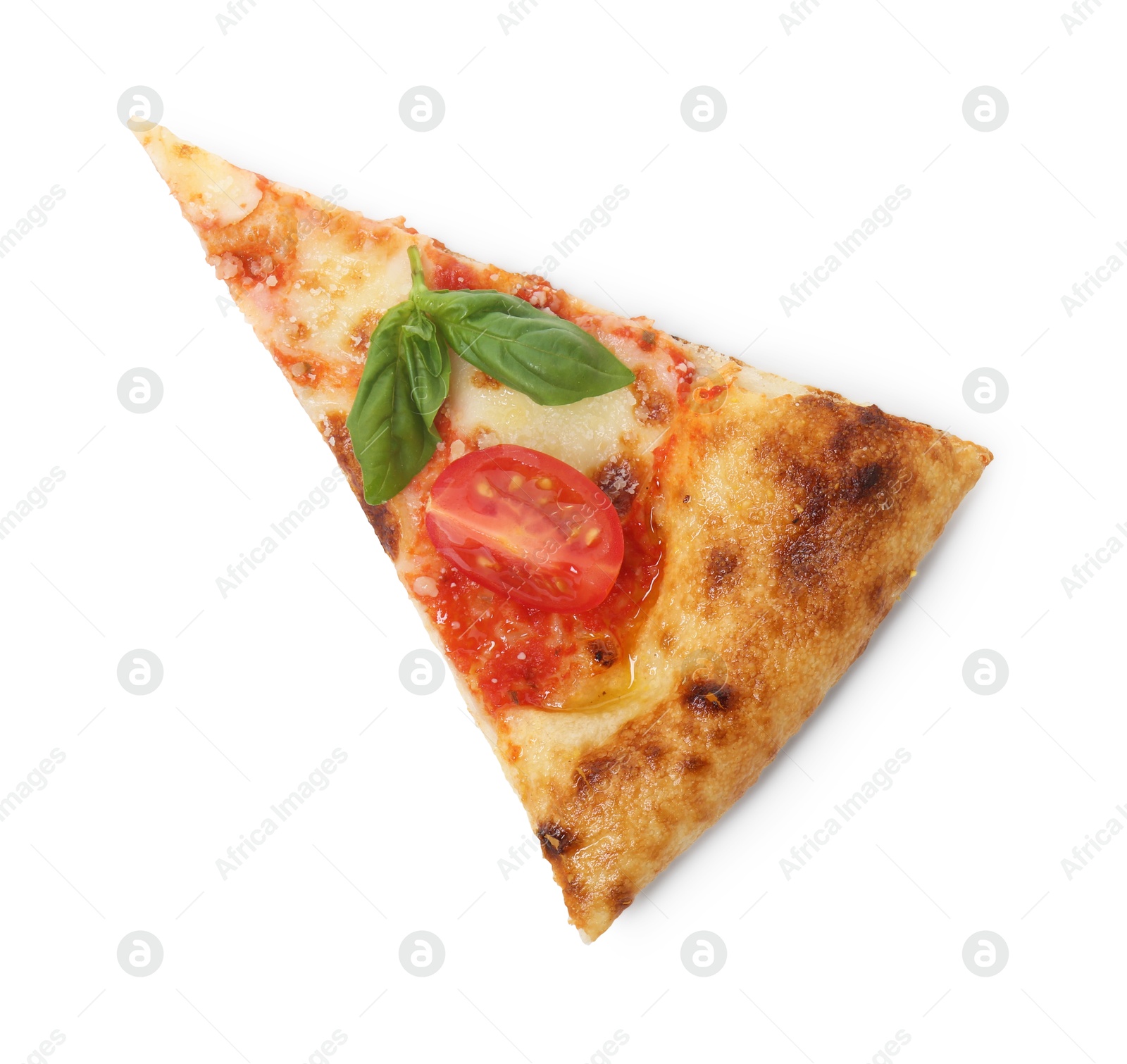 Photo of Piece of delicious Margherita pizza isolated on white, top view