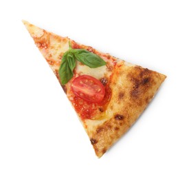 Photo of Piece of delicious Margherita pizza isolated on white, top view