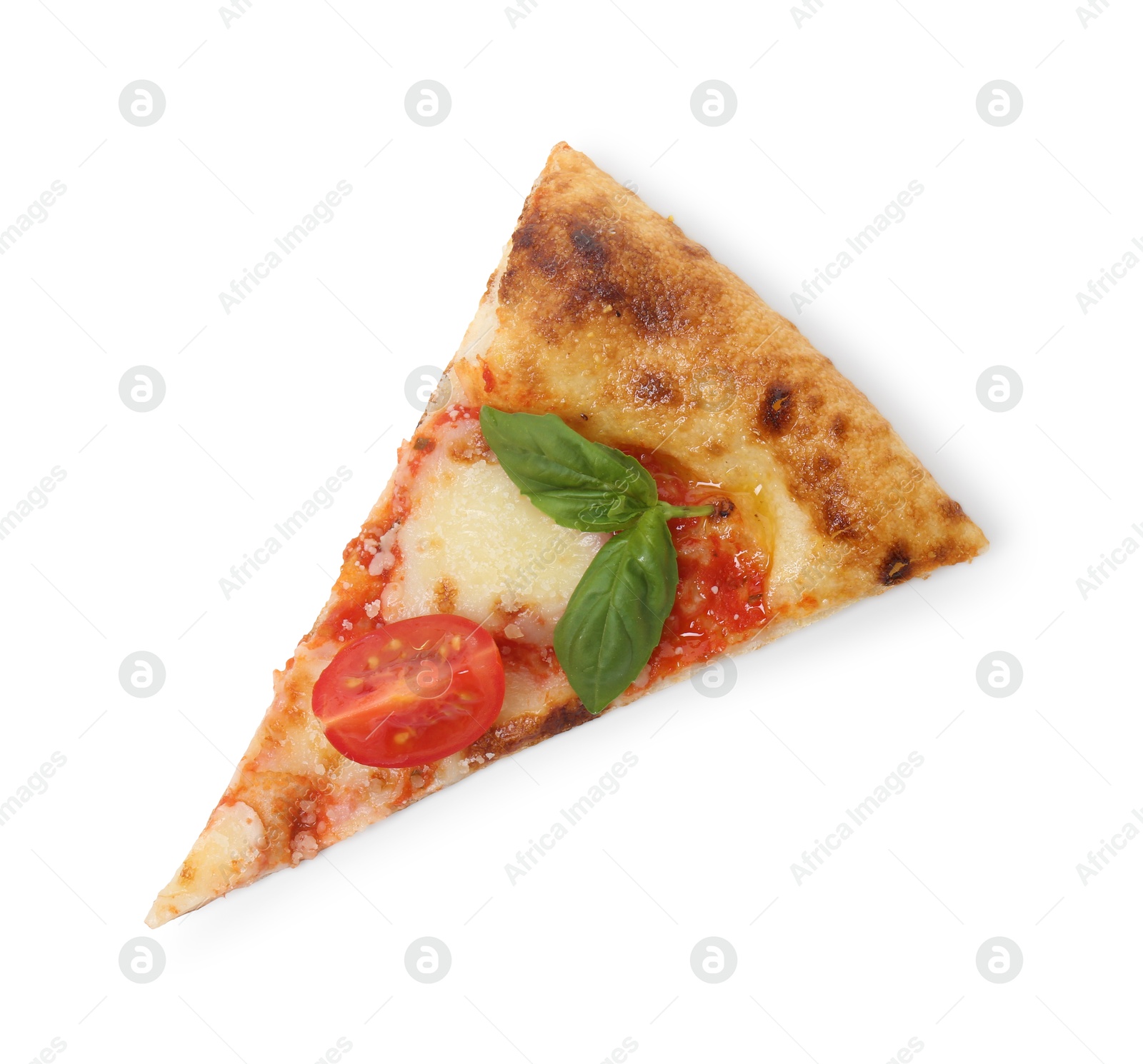 Photo of Piece of delicious Margherita pizza isolated on white, top view