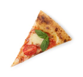 Piece of delicious Margherita pizza isolated on white, top view