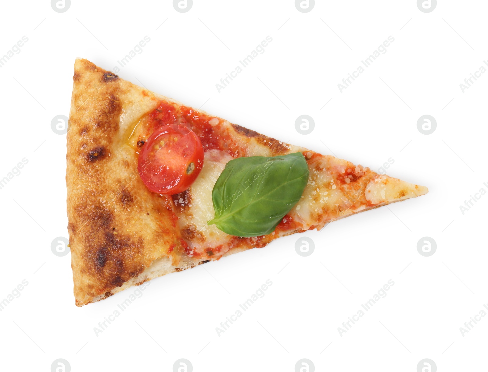 Photo of Piece of delicious Margherita pizza isolated on white, top view