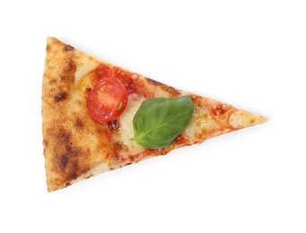 Photo of Piece of delicious Margherita pizza isolated on white, top view