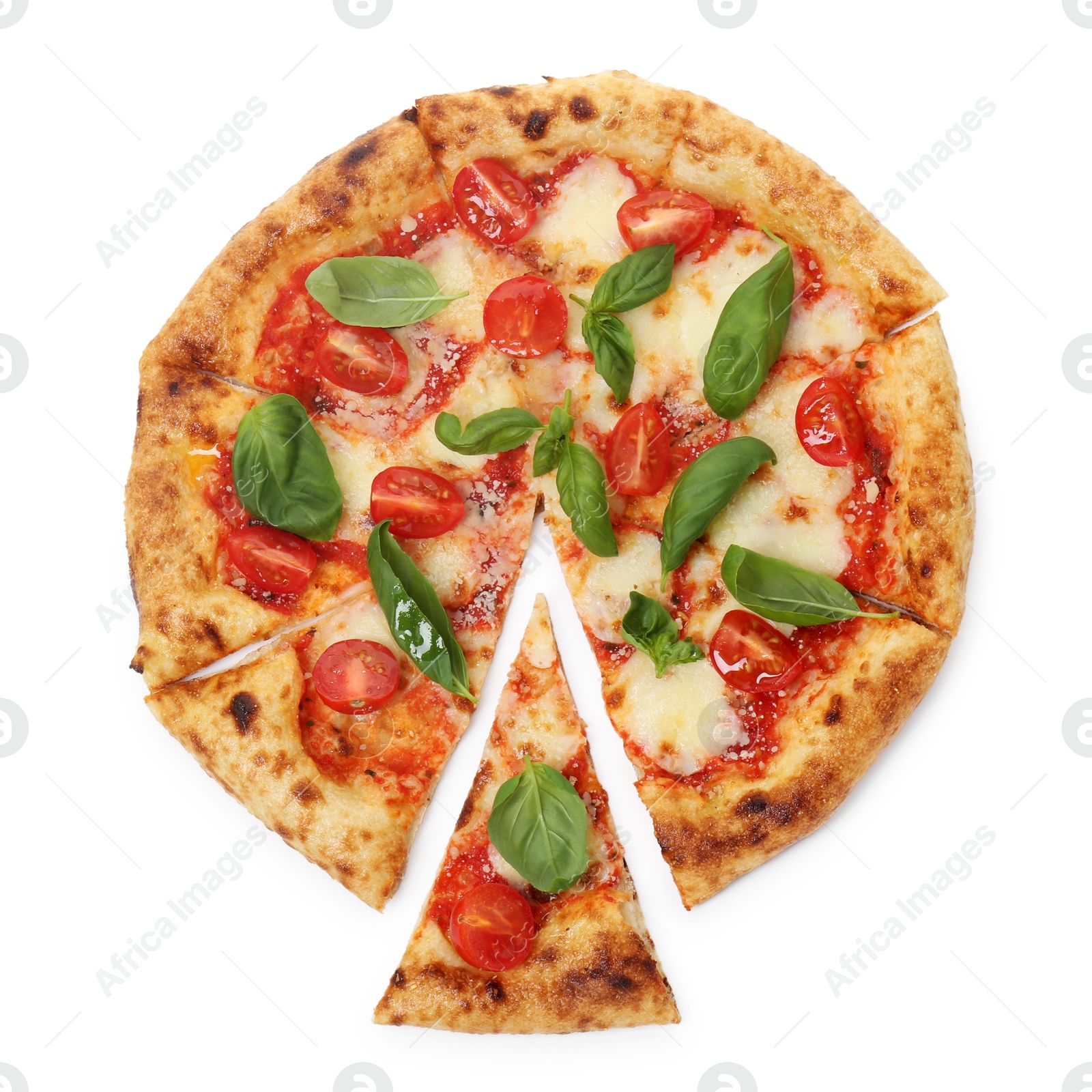 Photo of Delicious Margherita pizza isolated on white, top view