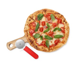 Photo of Delicious Margherita pizza and cutter isolated on white, top view