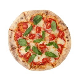 Delicious Margherita pizza isolated on white, top view