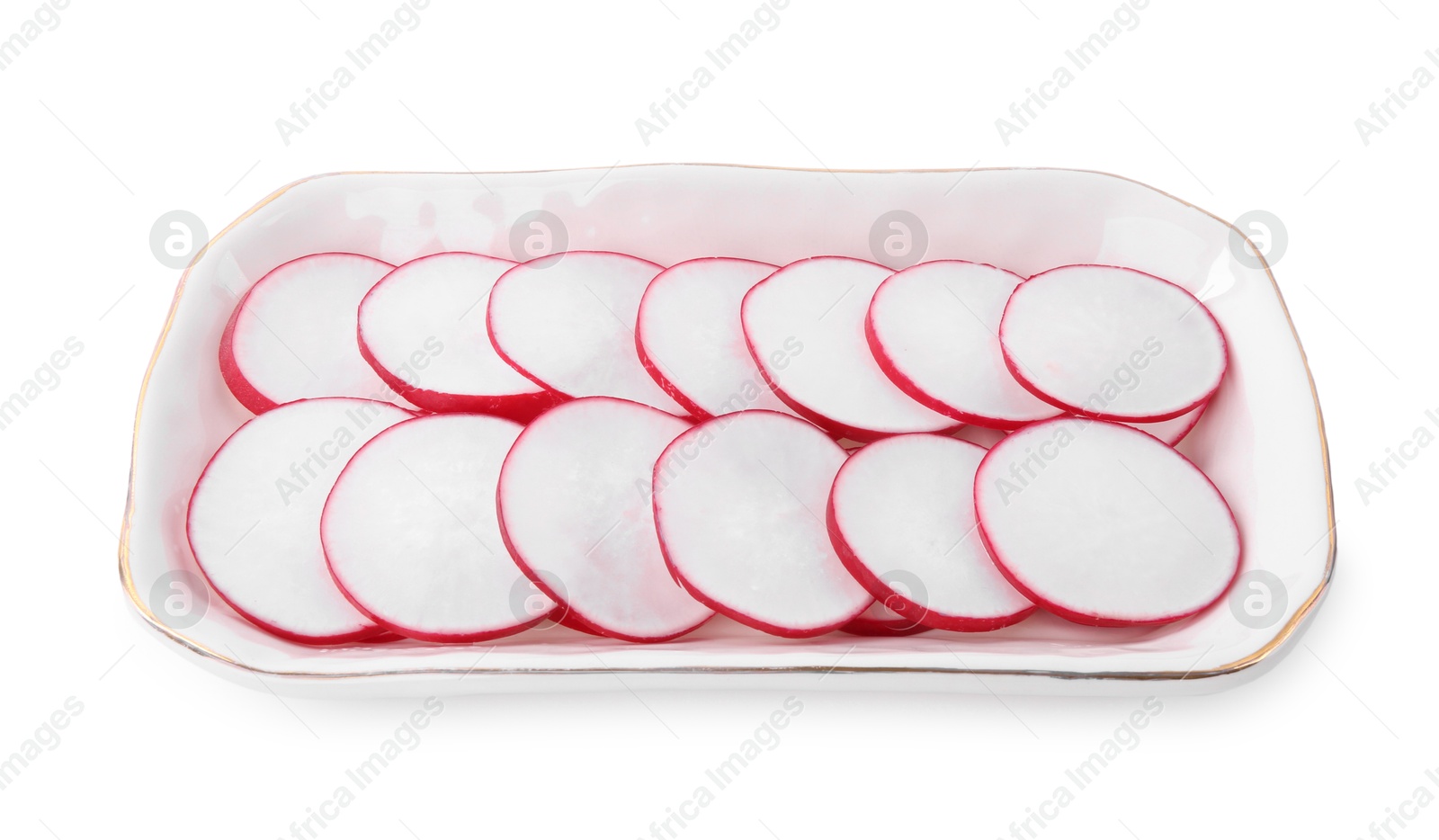 Photo of Slices of fresh ripe radish isolated on white