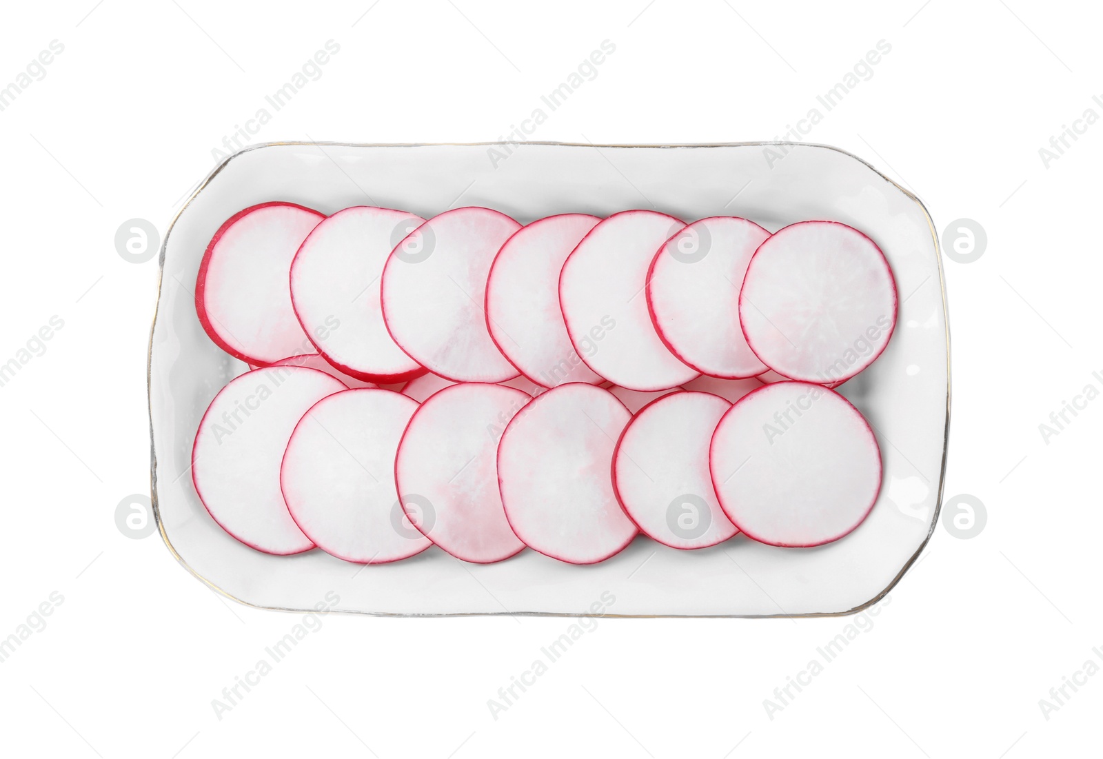 Photo of Slices of fresh ripe radish isolated on white, top view