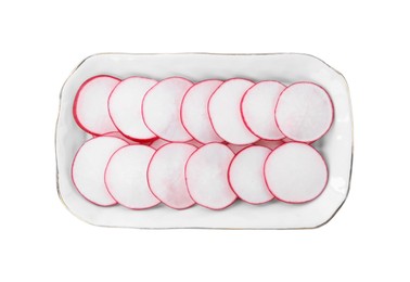 Photo of Slices of fresh ripe radish isolated on white, top view