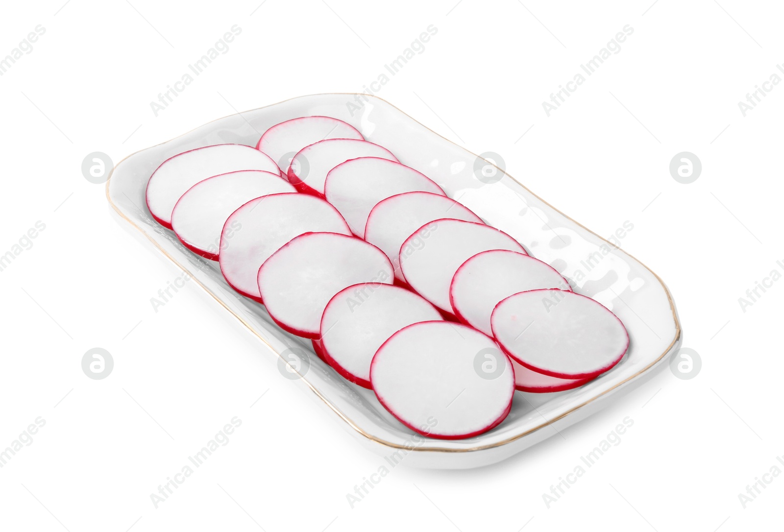 Photo of Slices of fresh ripe radish isolated on white