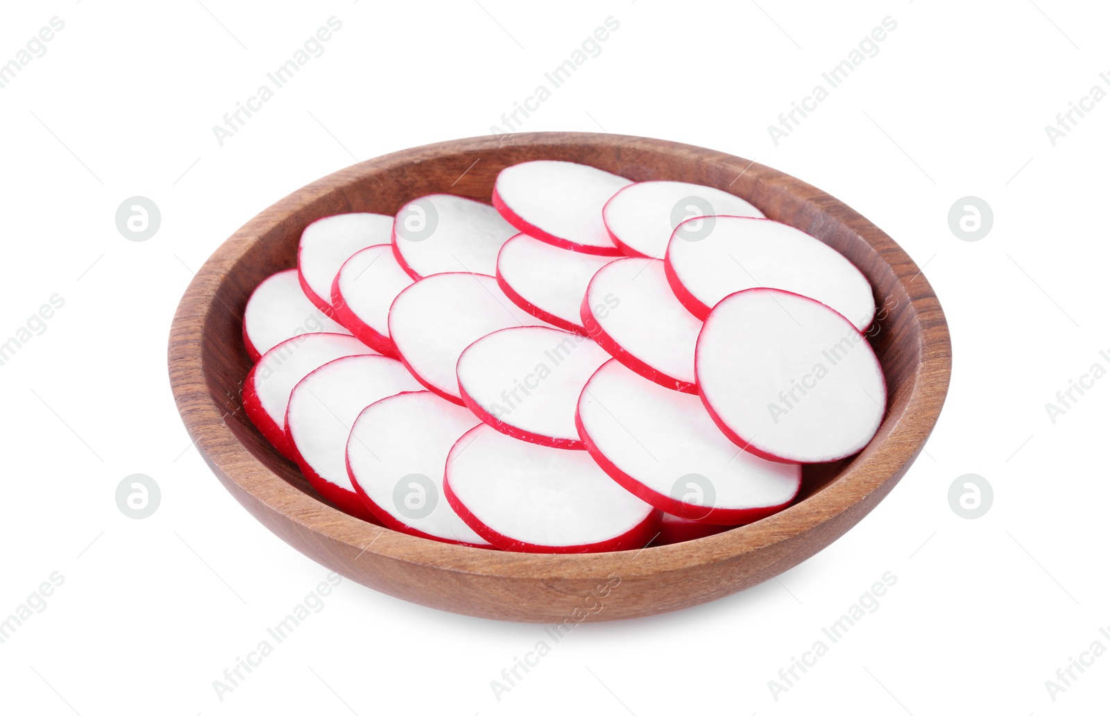 Photo of Slices of fresh ripe radish in bowl isolated on white