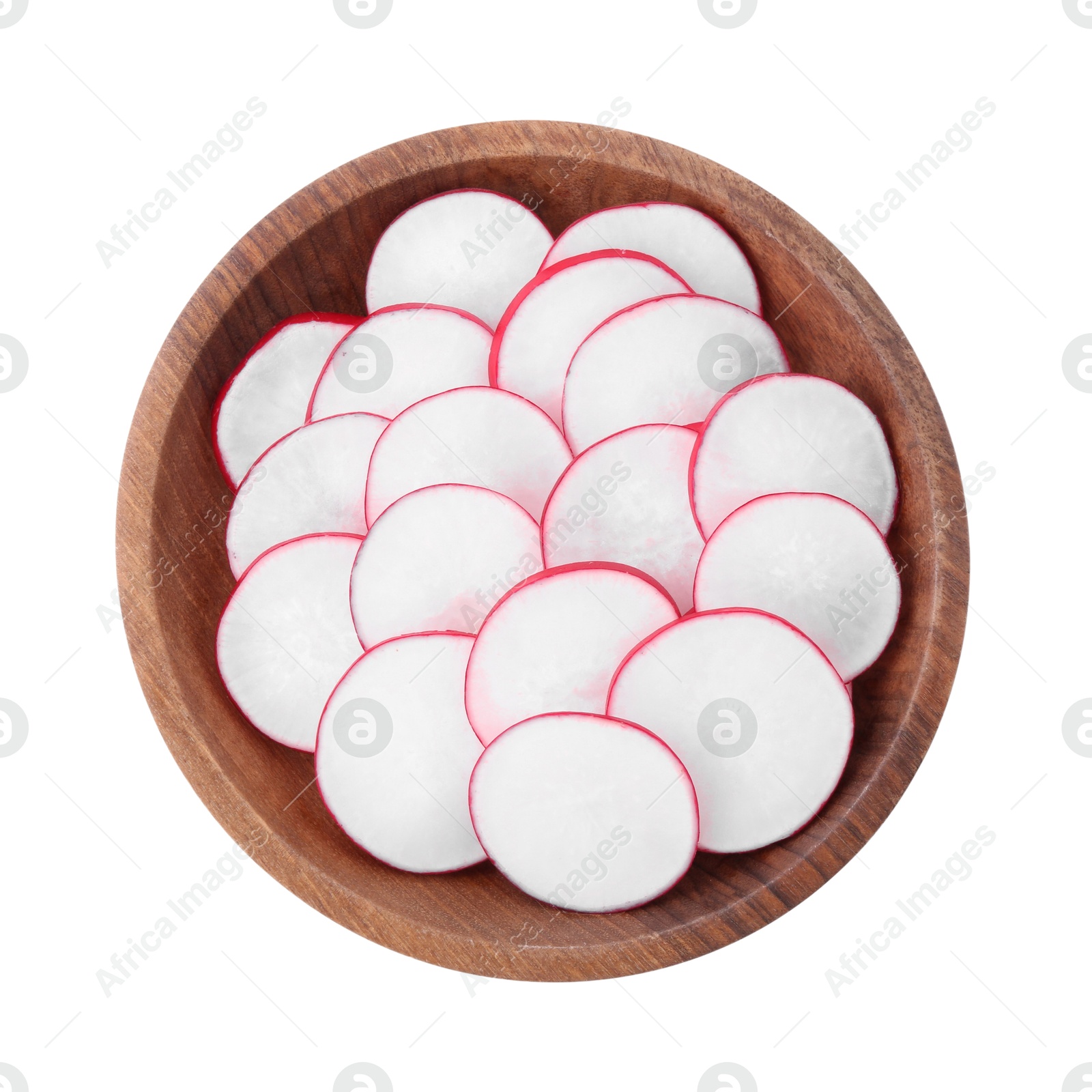 Photo of Slices of fresh ripe radish in bowl isolated on white, top view