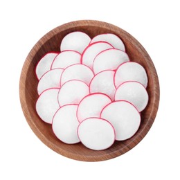 Photo of Slices of fresh ripe radish in bowl isolated on white, top view