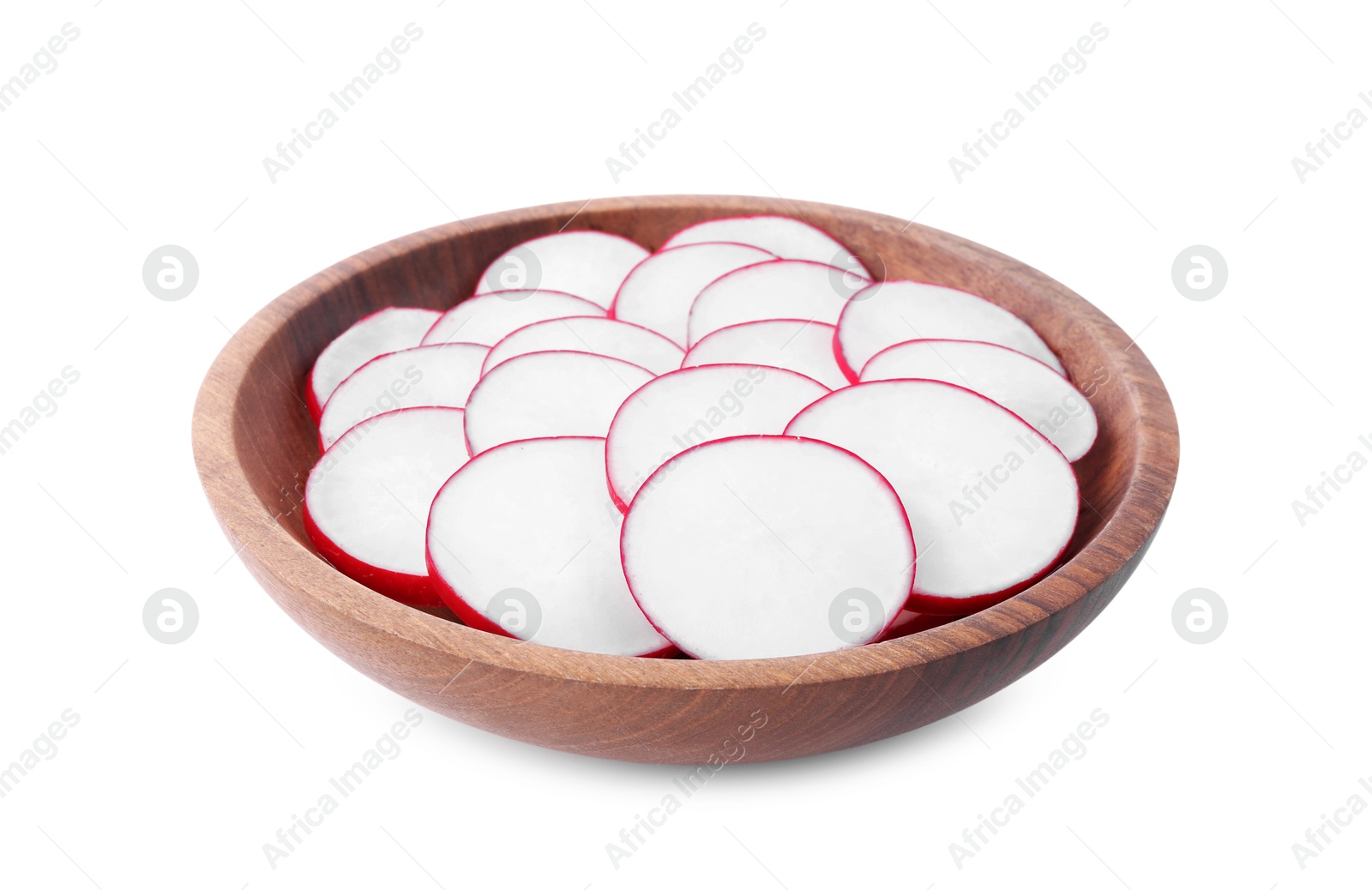 Photo of Slices of fresh ripe radish in bowl isolated on white