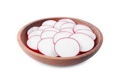 Photo of Slices of fresh ripe radish in bowl isolated on white