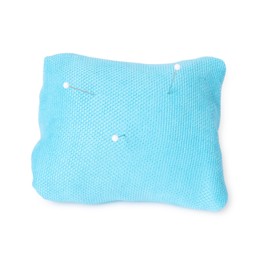 Photo of Light blue pincushion with sewing pins isolated on white