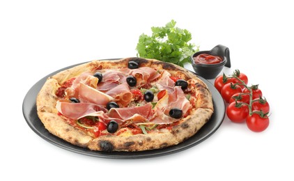 Photo of Tasty pizza with cured ham, olives, tomatoes, parsley and sauce isolated on white