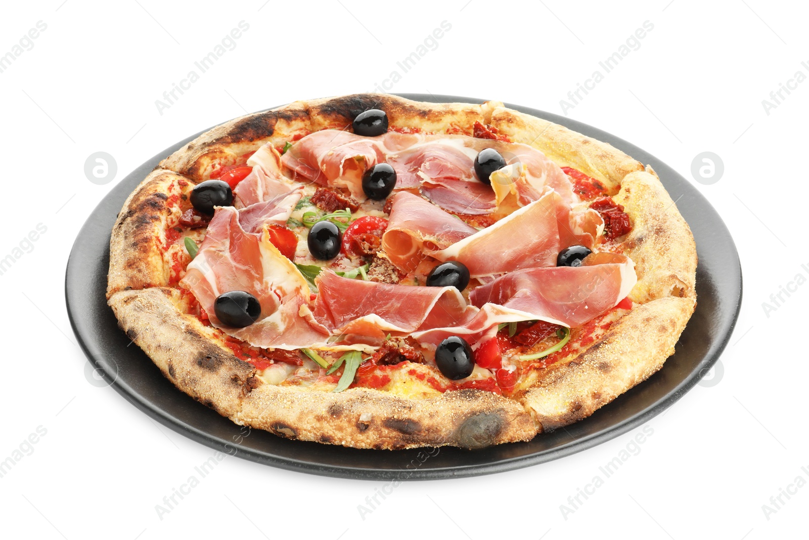 Photo of Tasty pizza with cured ham, olives and tomato isolated on white