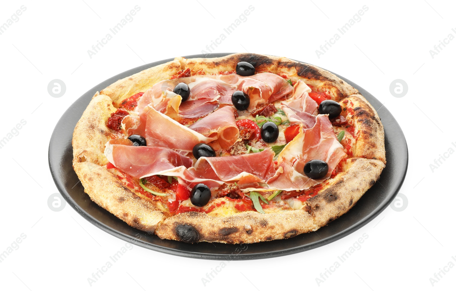 Photo of Tasty pizza with cured ham, olives and tomato isolated on white