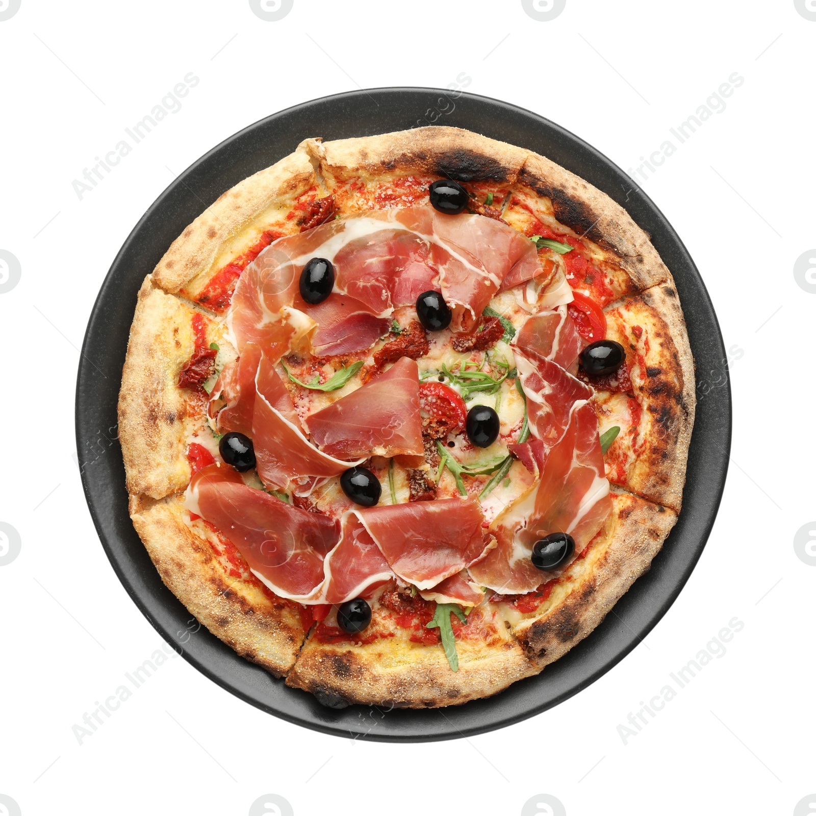 Photo of Tasty pizza with cured ham, olives and tomato isolated on white, top view