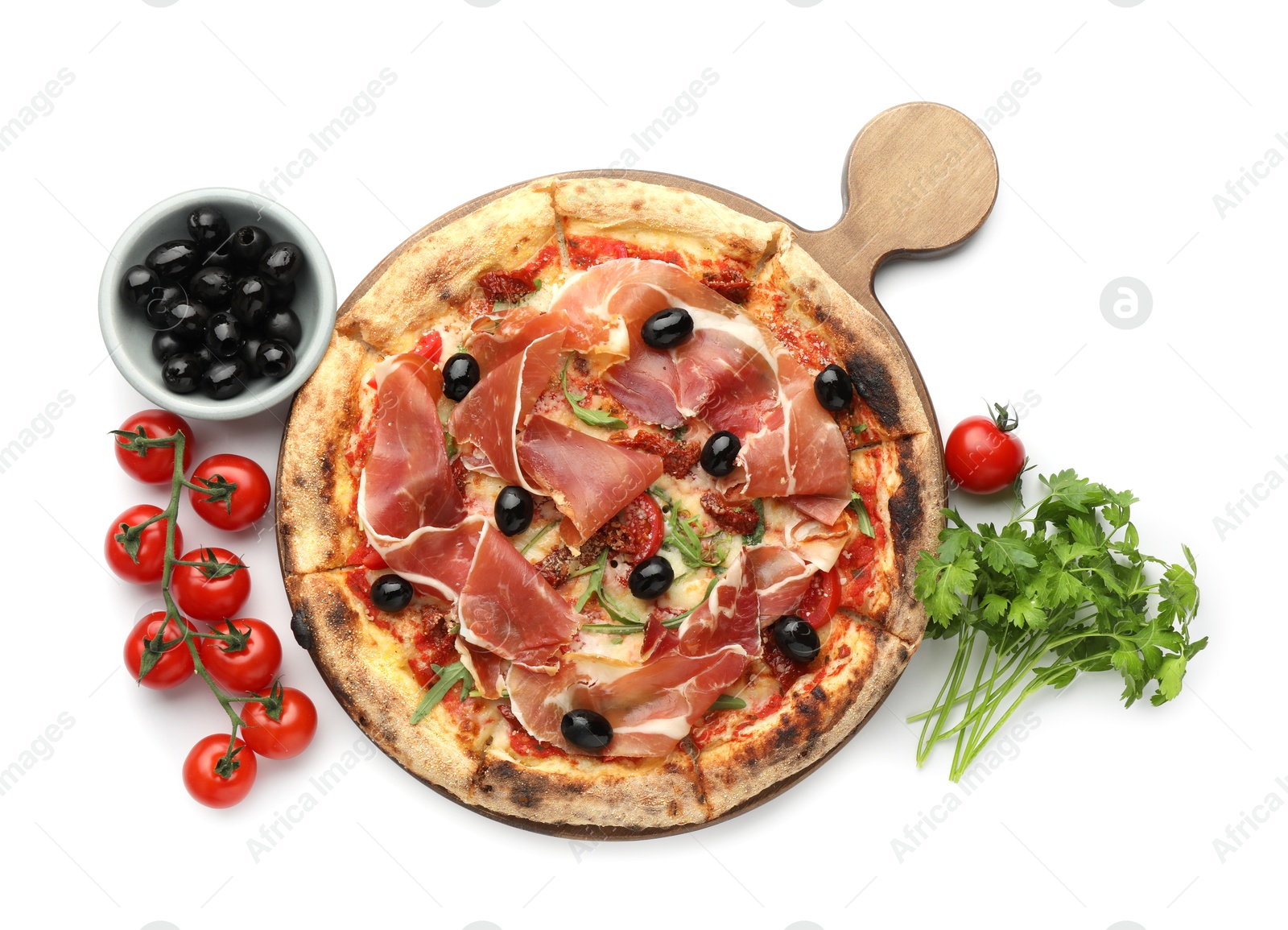 Photo of Tasty pizza with cured ham, olives, tomatoes and parsley isolated on white, top view