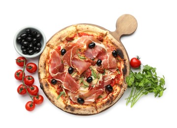 Photo of Tasty pizza with cured ham, olives, tomatoes and parsley isolated on white, top view