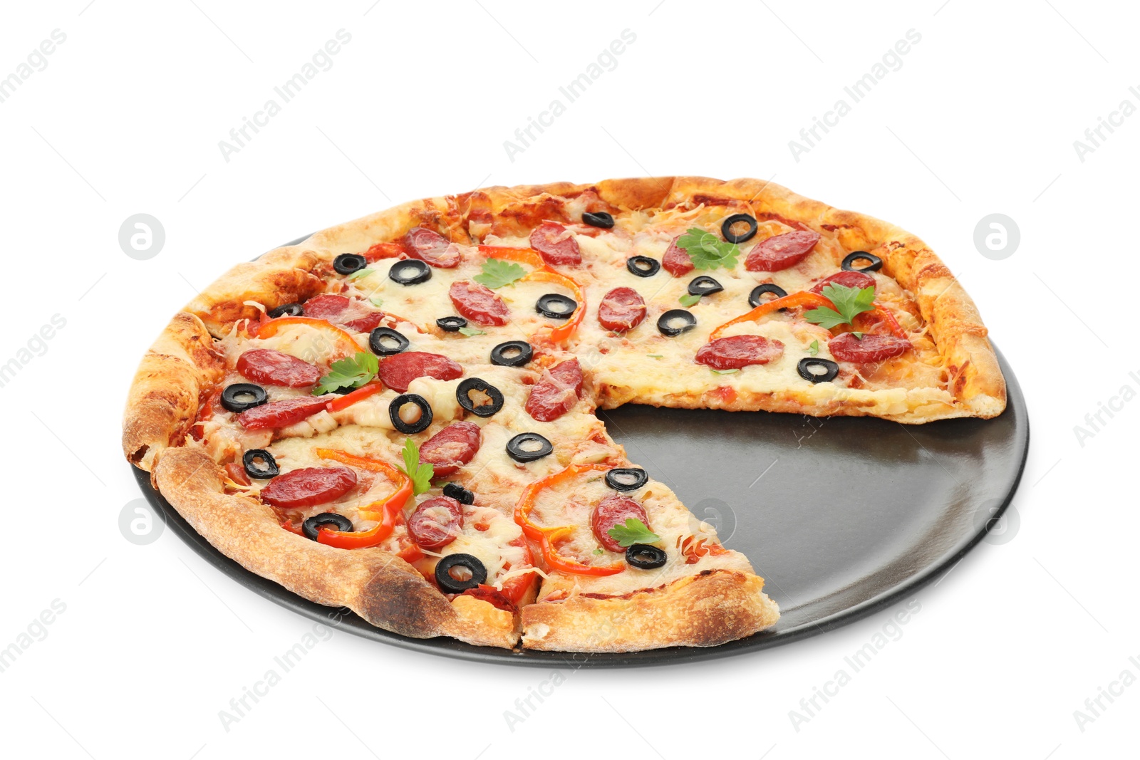 Photo of Tasty pizza with dry smoked sausages, olives, pepper and cheese isolated on white