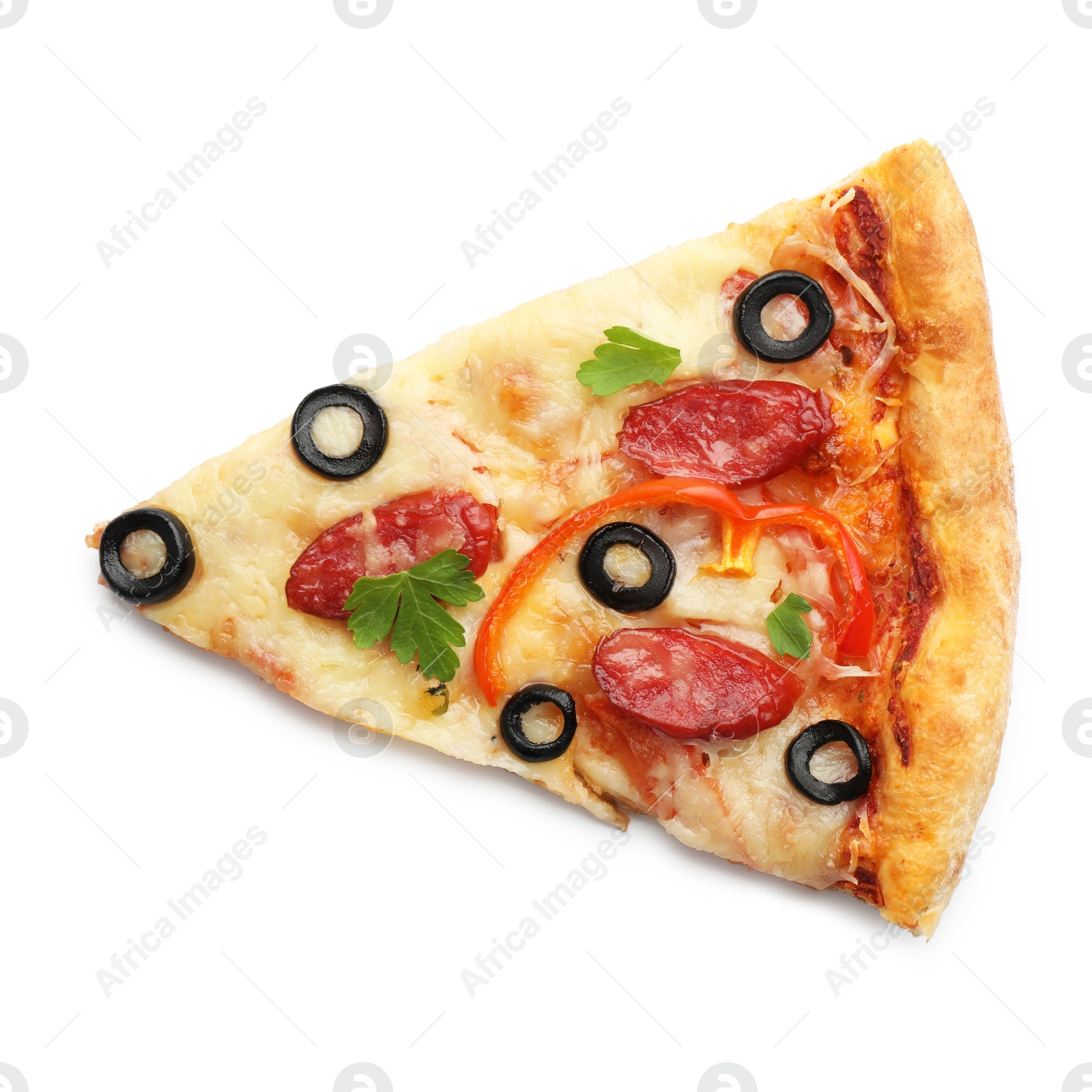 Photo of Piece of tasty pizza with dry smoked sausages, olives, pepper and parsley isolated on white, top view