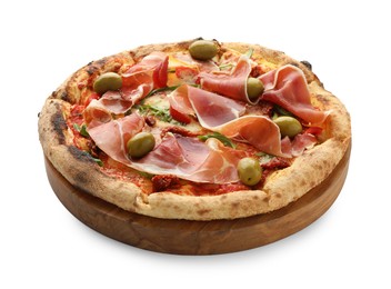 Photo of Tasty pizza with cured ham, olives and sun-dried tomato isolated on white