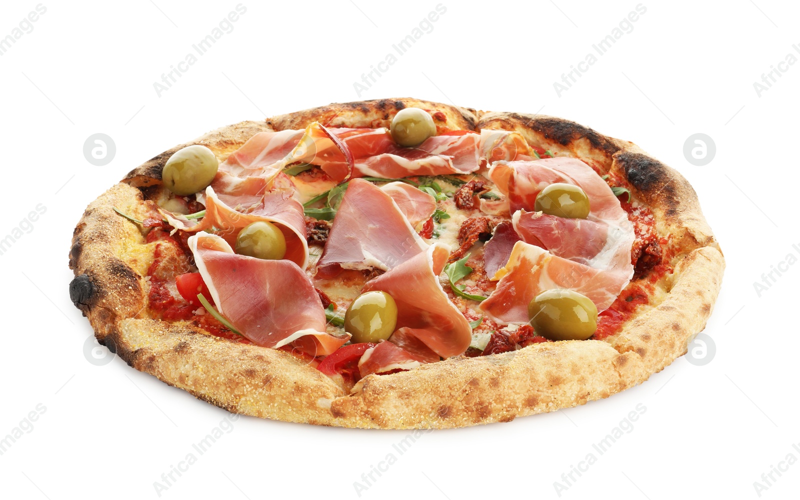 Photo of Tasty pizza with cured ham, olives and sun-dried tomato isolated on white