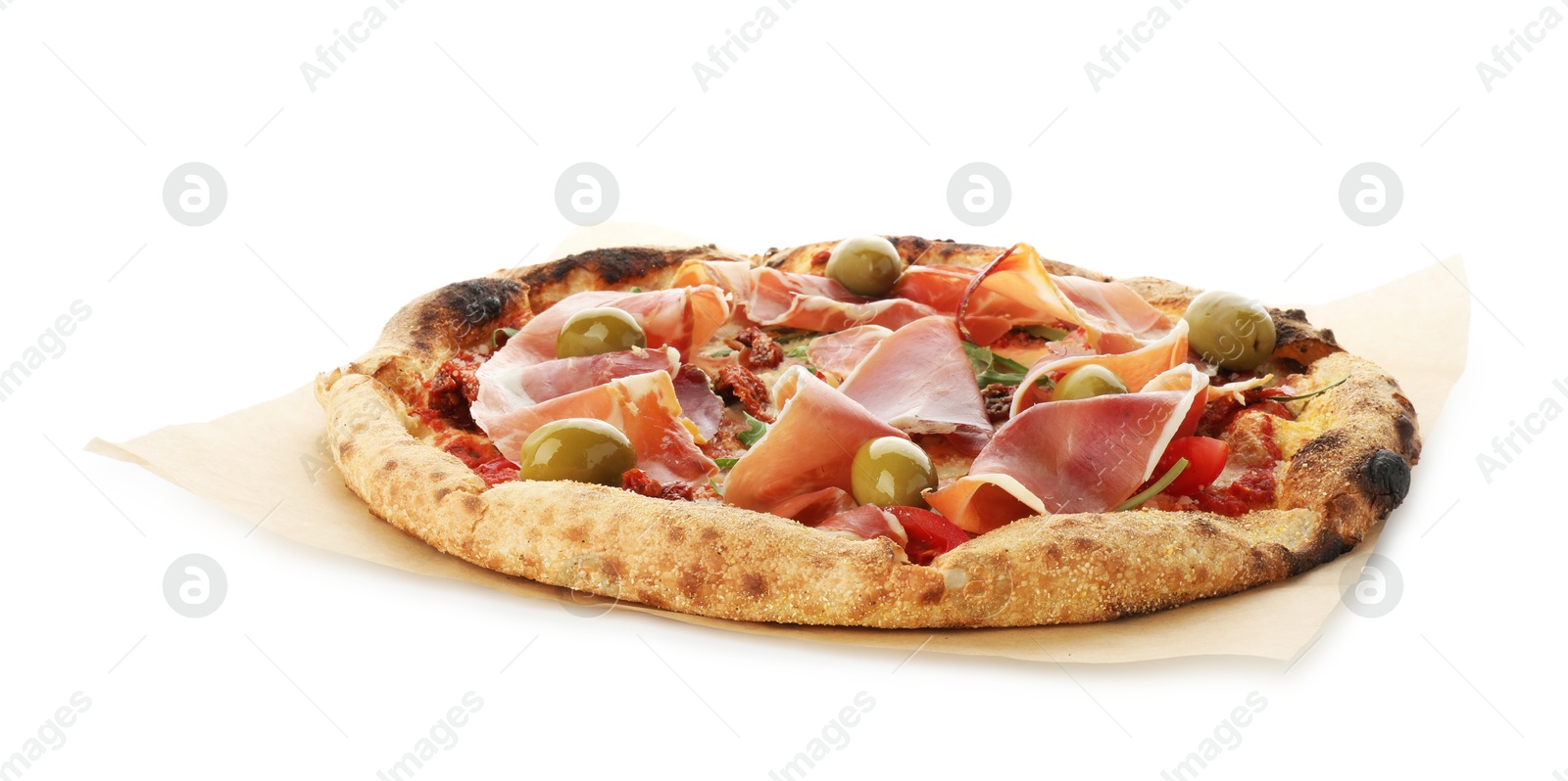 Photo of Tasty pizza with cured ham, olives and sun-dried tomato isolated on white